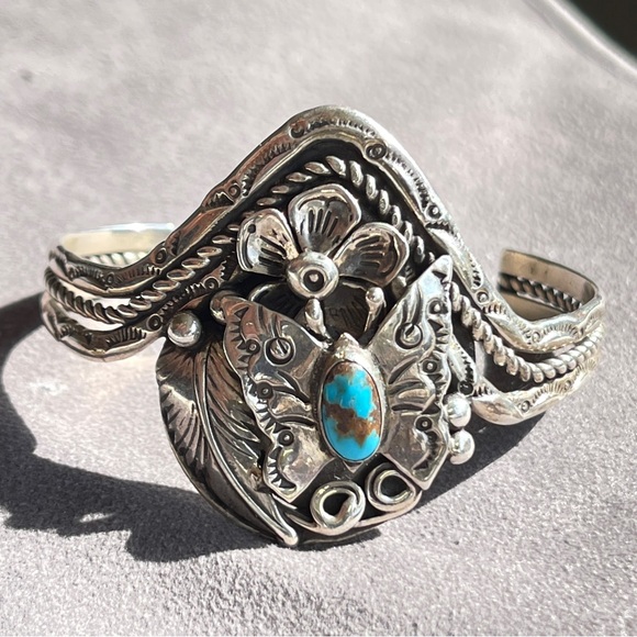 SOLD Jimmy F. Calabaza Signed Turquoise Sterling Silver Butterfly Kewa Bracelet - Picture 3 of 13